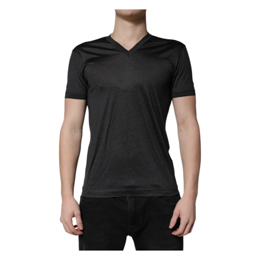 Dolce & Gabbana , T-Shirts, Male, Gray, S, Elegant Silk V-Neck T-Shirt - Image 3