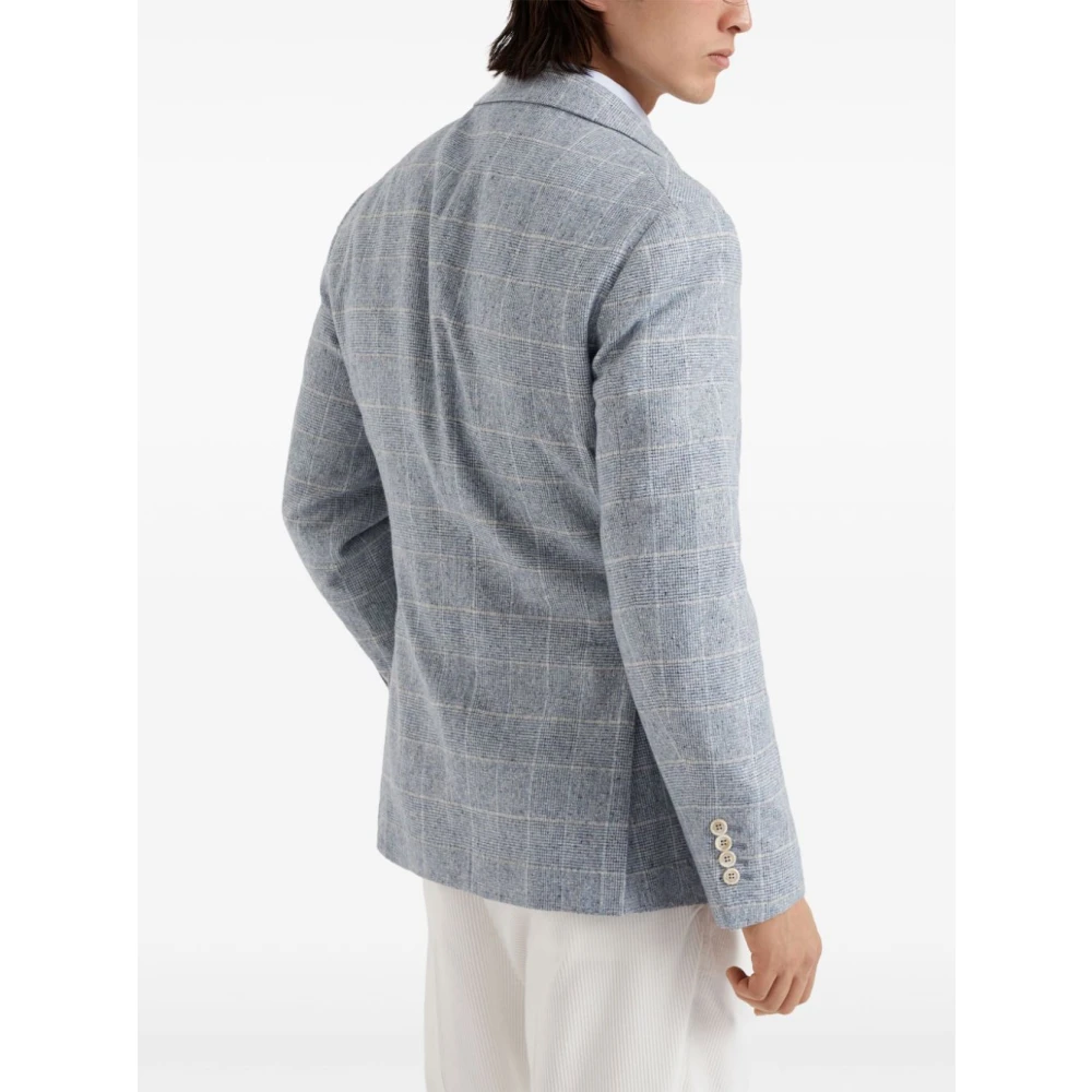 BRUNELLO CUCINELLI Blauw Geruit Patroon Zijde Blazer Blue Heren