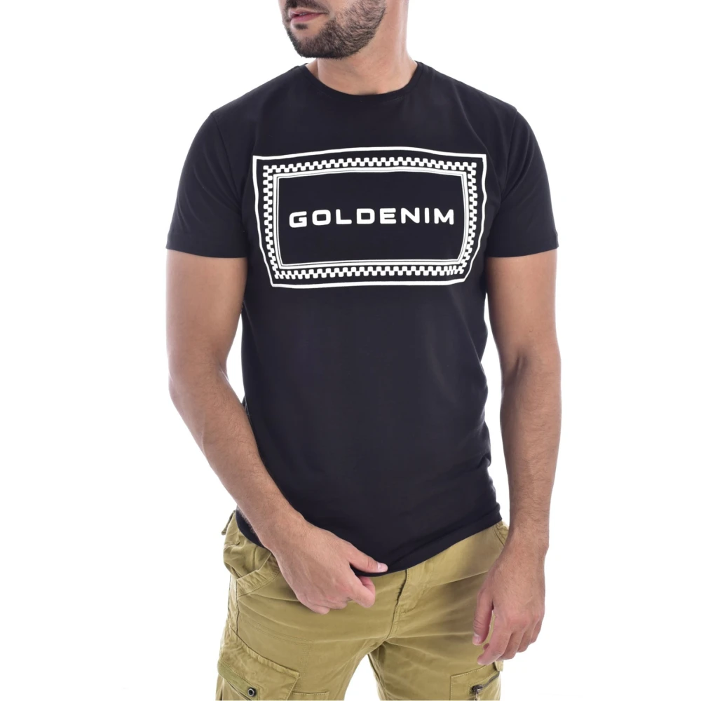 Goldenim paris Tryckt T-shirt - Svarta Toner, Rak Passform, Korta ärmar Blue, Herr