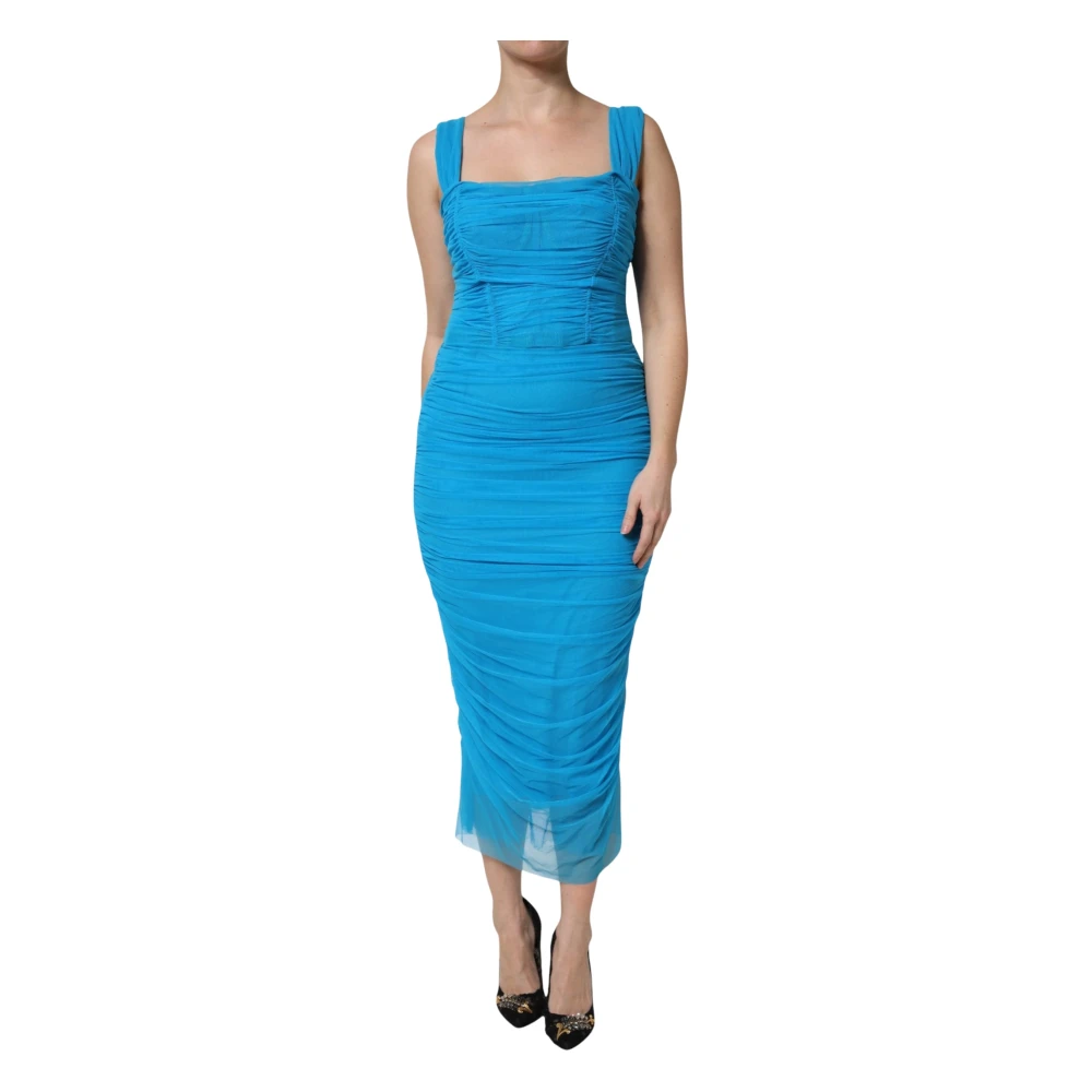 Dolce & Gabbana , Midi Dresses, Female, Blue, M, Blue Ruched Tulle Midi Square Neck Dress - Image 1
