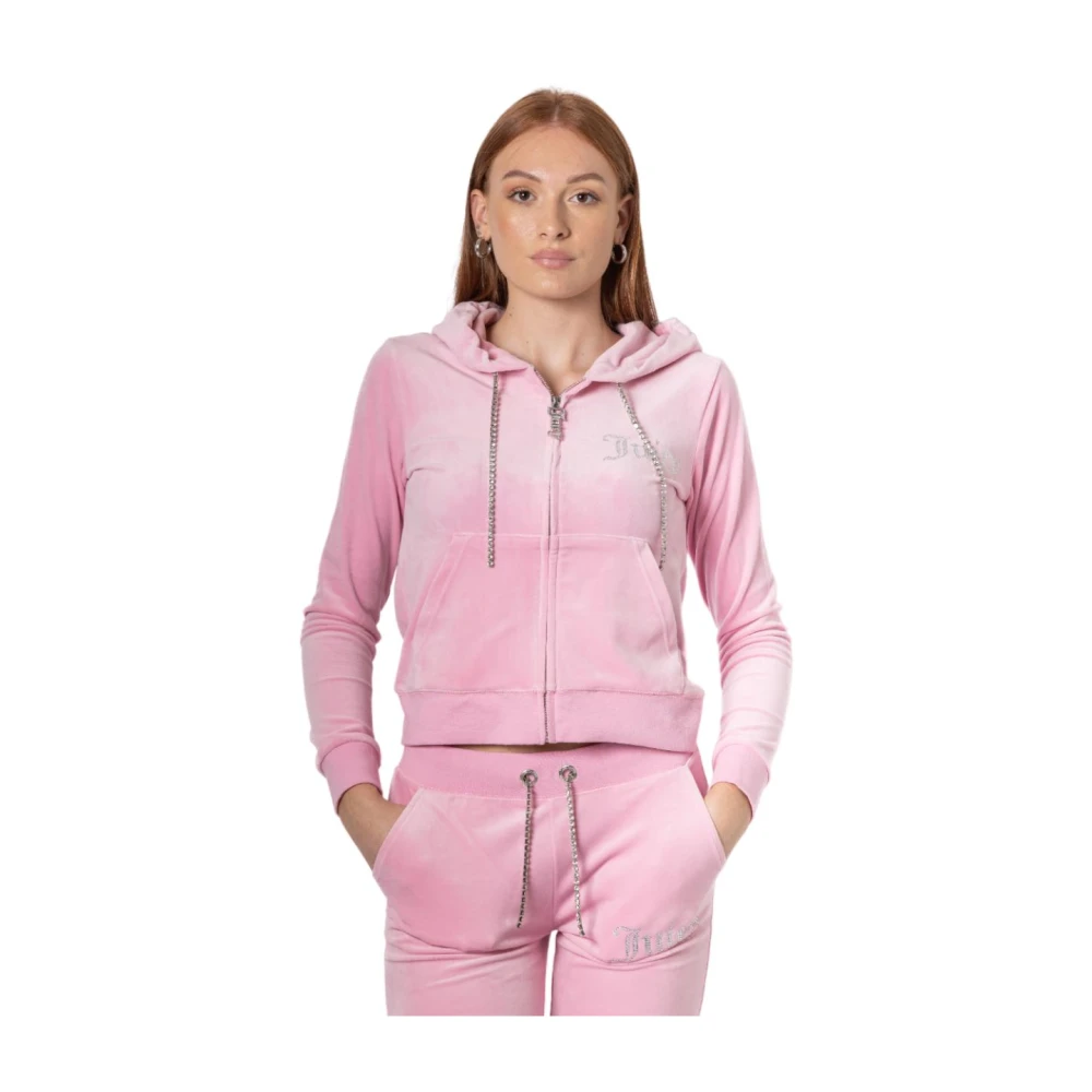Juicy Couture Fluwelen Hoodie met Rits en Strass Logo Pink Dames
