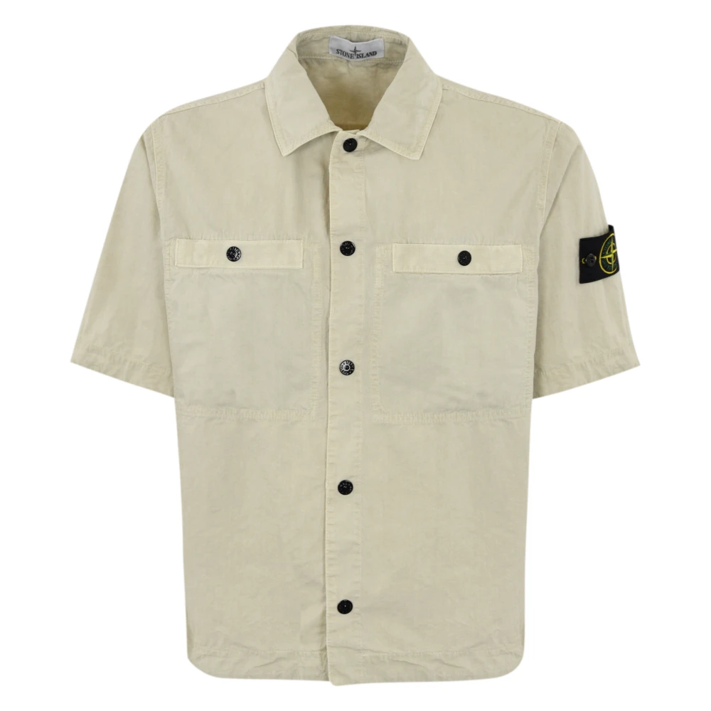 Stone Island Katoenen Twill Korte Mouw Overhemd Beige Heren