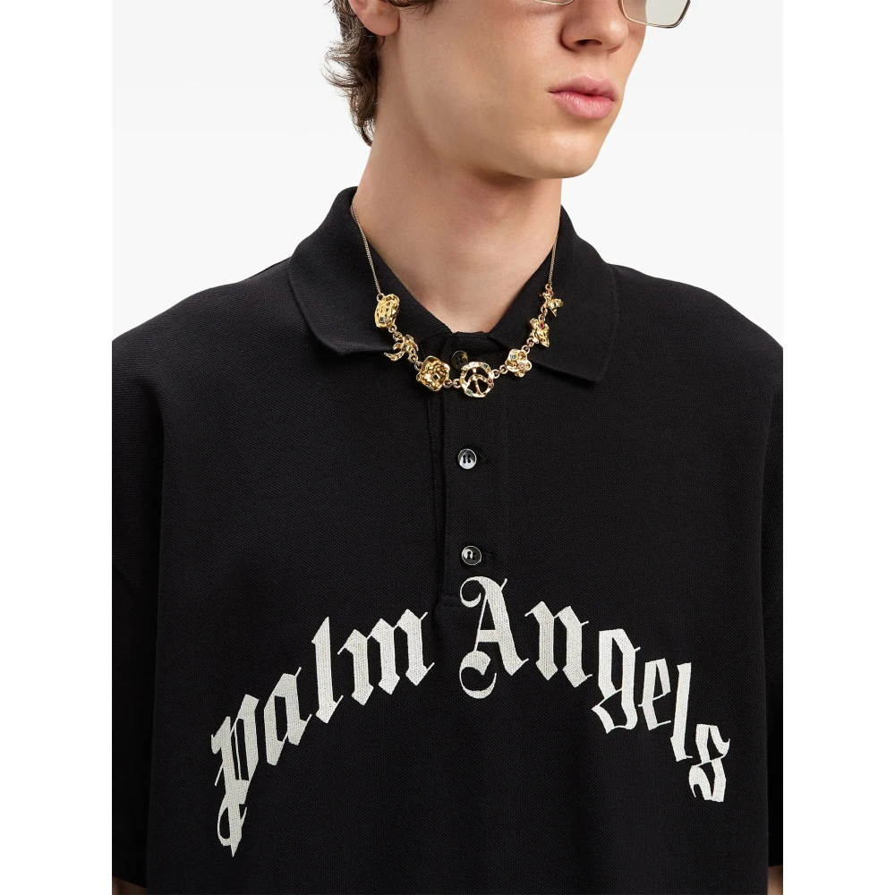 Palm Angels Zwart Curved Logo Polo Shirt Black Heren