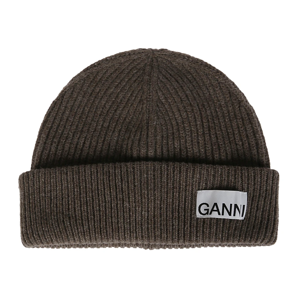 Ganni Wollen Logo Beanie Muts Brown Dames