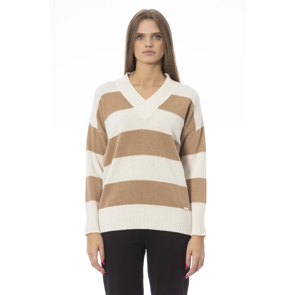 Baldinini Trendy Lange Mouw V-hals Trui Beige Dames