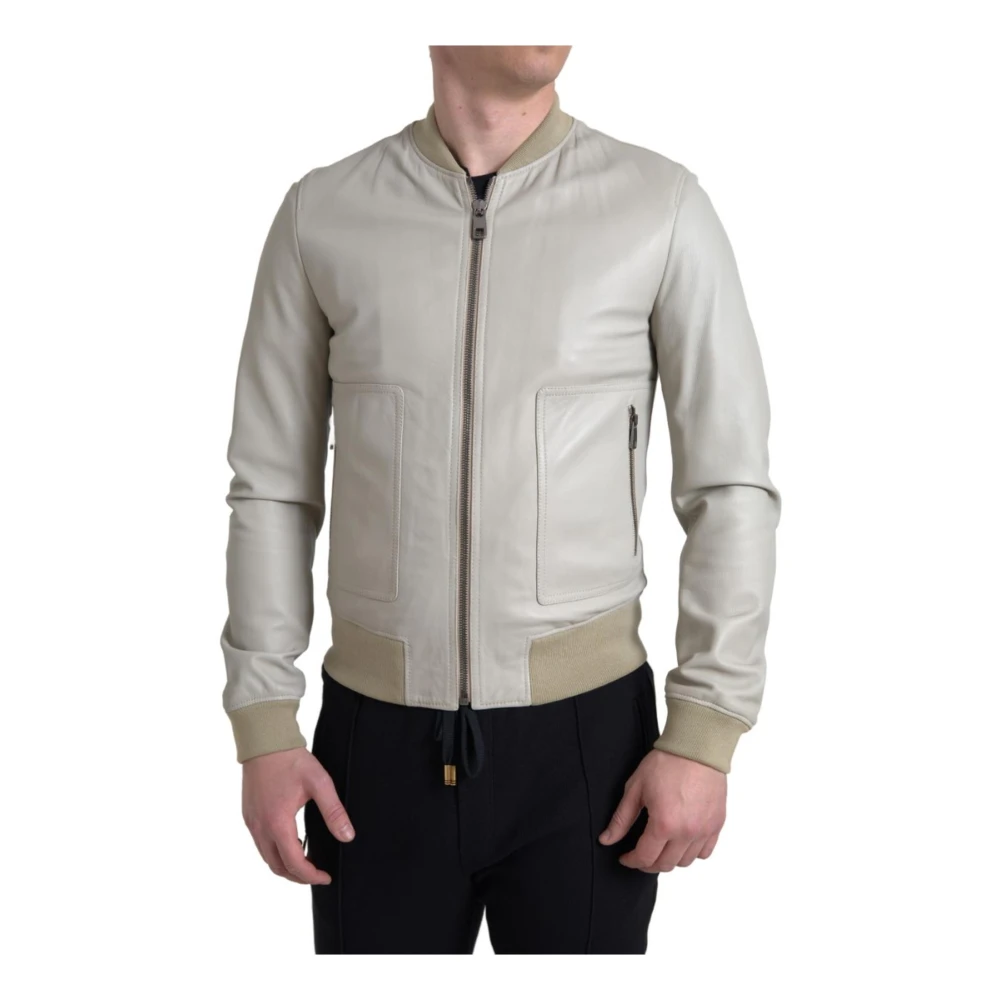 Dolce & Gabbana Men's Beige Leather Jackets, M, Leather Bomber Jacket With Full Zip Closure