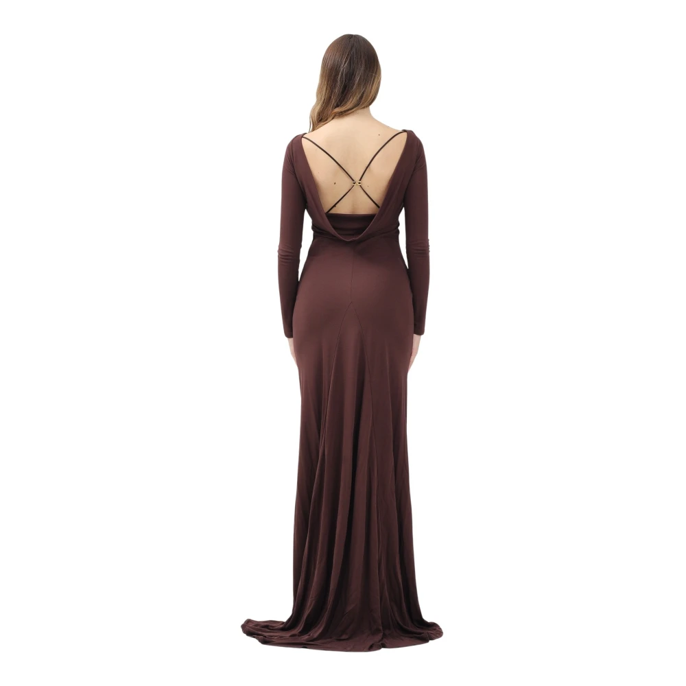 Elisabetta Franchi Bruine Lange Jurk Boothals Open Rug Brown Dames