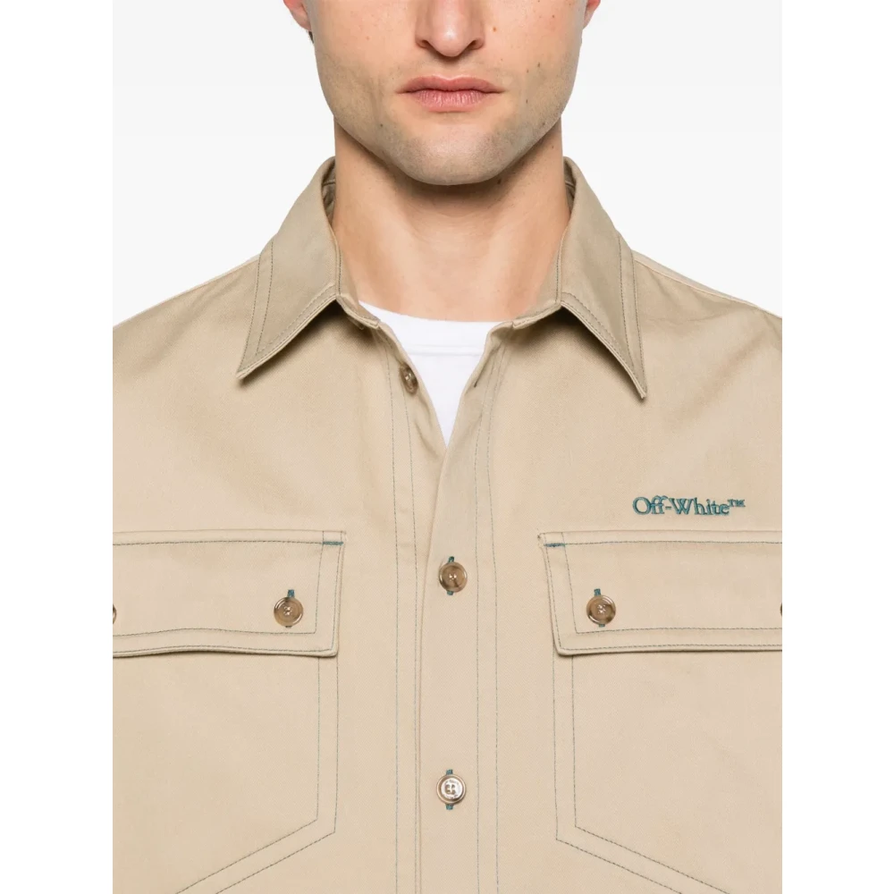Off White Stitch Katoenen Overhemd Bruin Licht Beige Heren