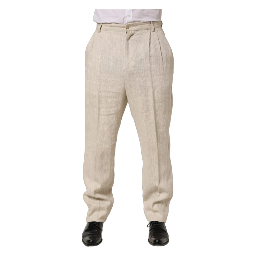 Dolce & Gabbana Men's Beige Suit Trousers, M, Linen Tapered Dress Trousers