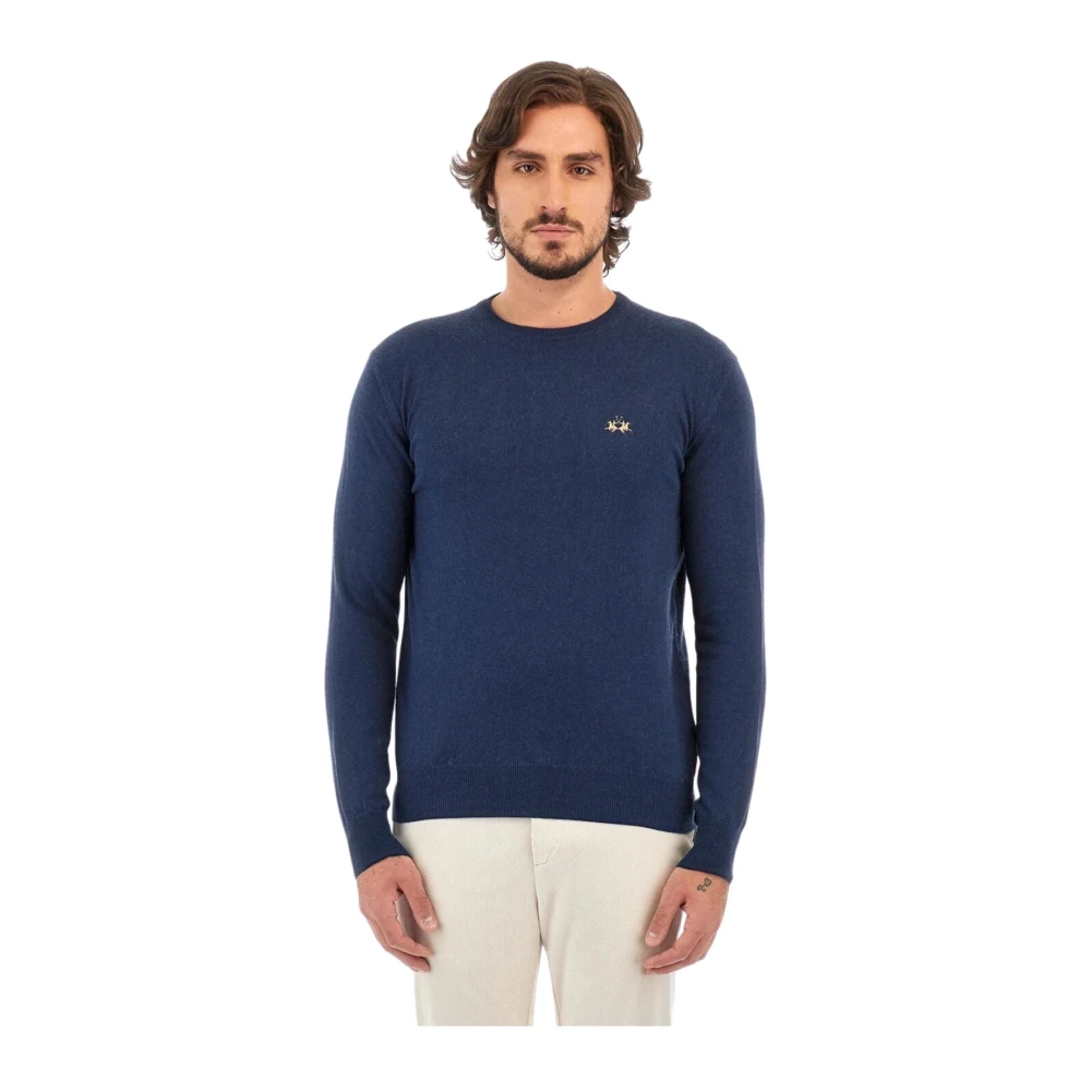 LA MARTINA Geborduurde logo ronde hals trui Blue Heren