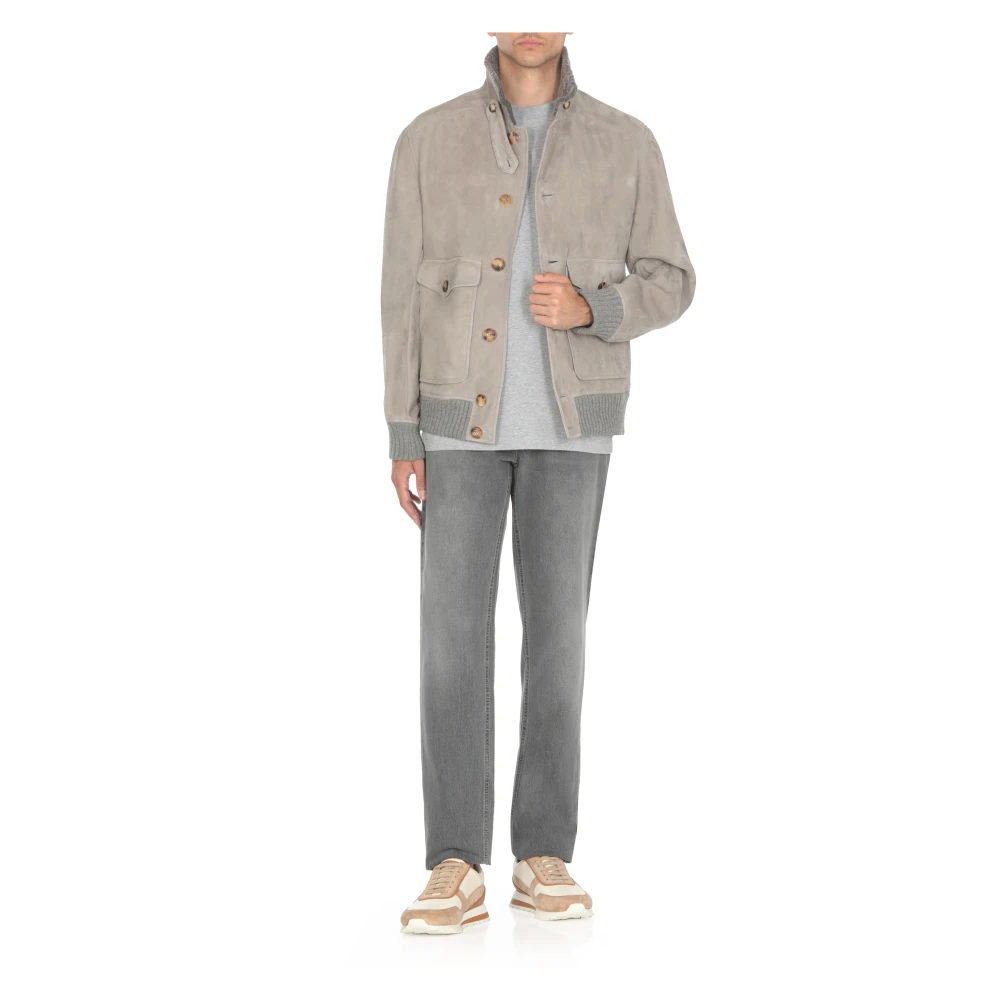 BRUNELLO CUCINELLI Grijze Suède Leren Cashmere Jas Gray Heren
