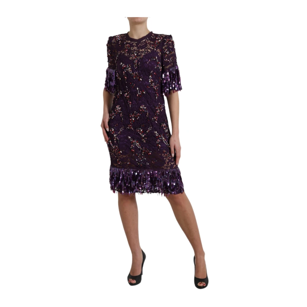 Dolce & Gabbana Mujer Morado - Vestido Entallado De Encaje Floral Con Cristales Incrustados - Dresses - Púrpura - M