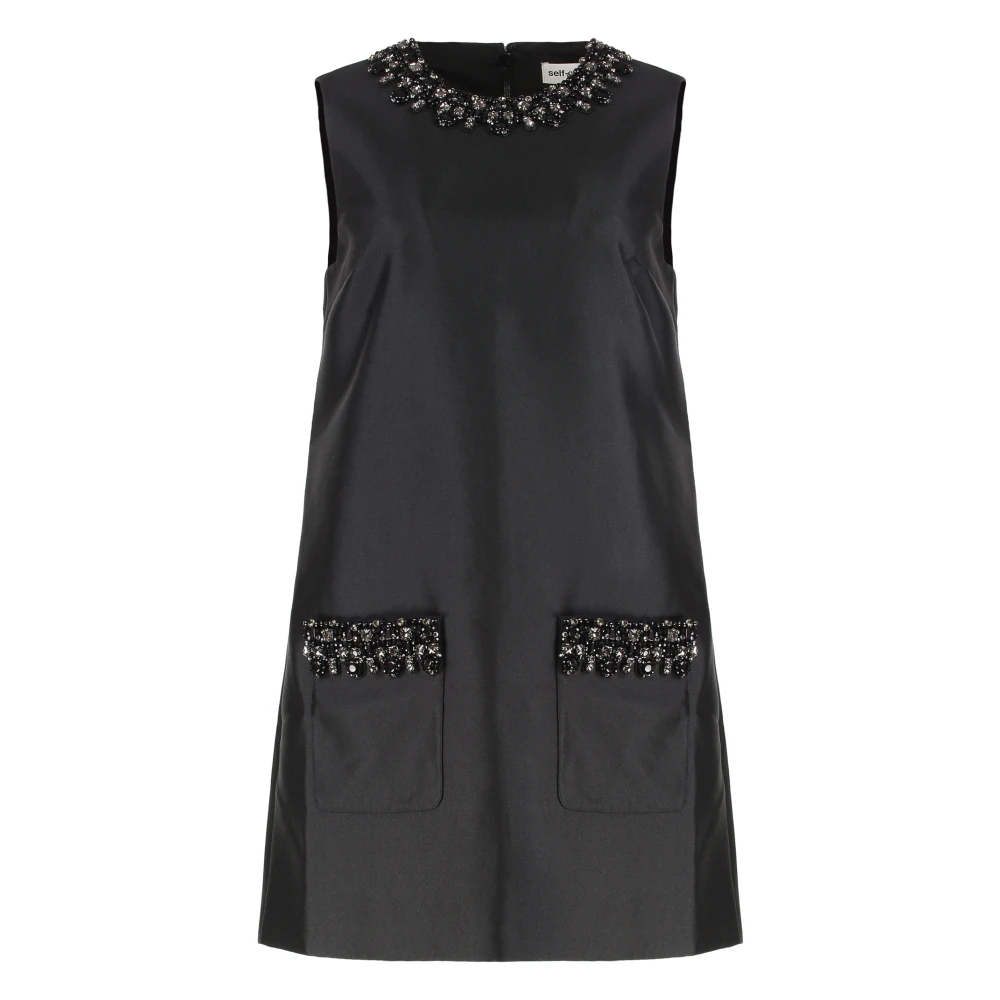 Self Portrait Women's Black Short Dresses, Xs, Embellished Trim Mini Dress