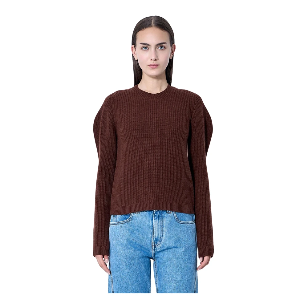Jw Anderson Women's Brown Puff Sleeve Wool Jumper - Round-Neck Knitwear - S - Knitwear