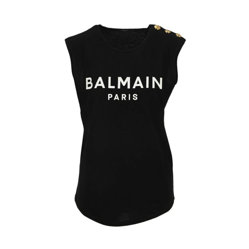 Balmain Zwarte Mouwloze T-shirt van Katoen met Wit Logo Print Black Dames