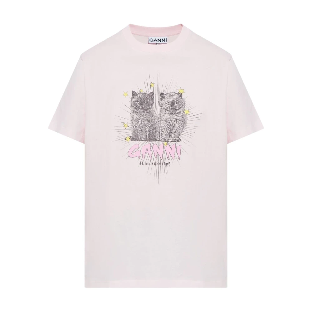 Ganni Broderad Logga Bomull T-shirt Rosa Pink, Dam