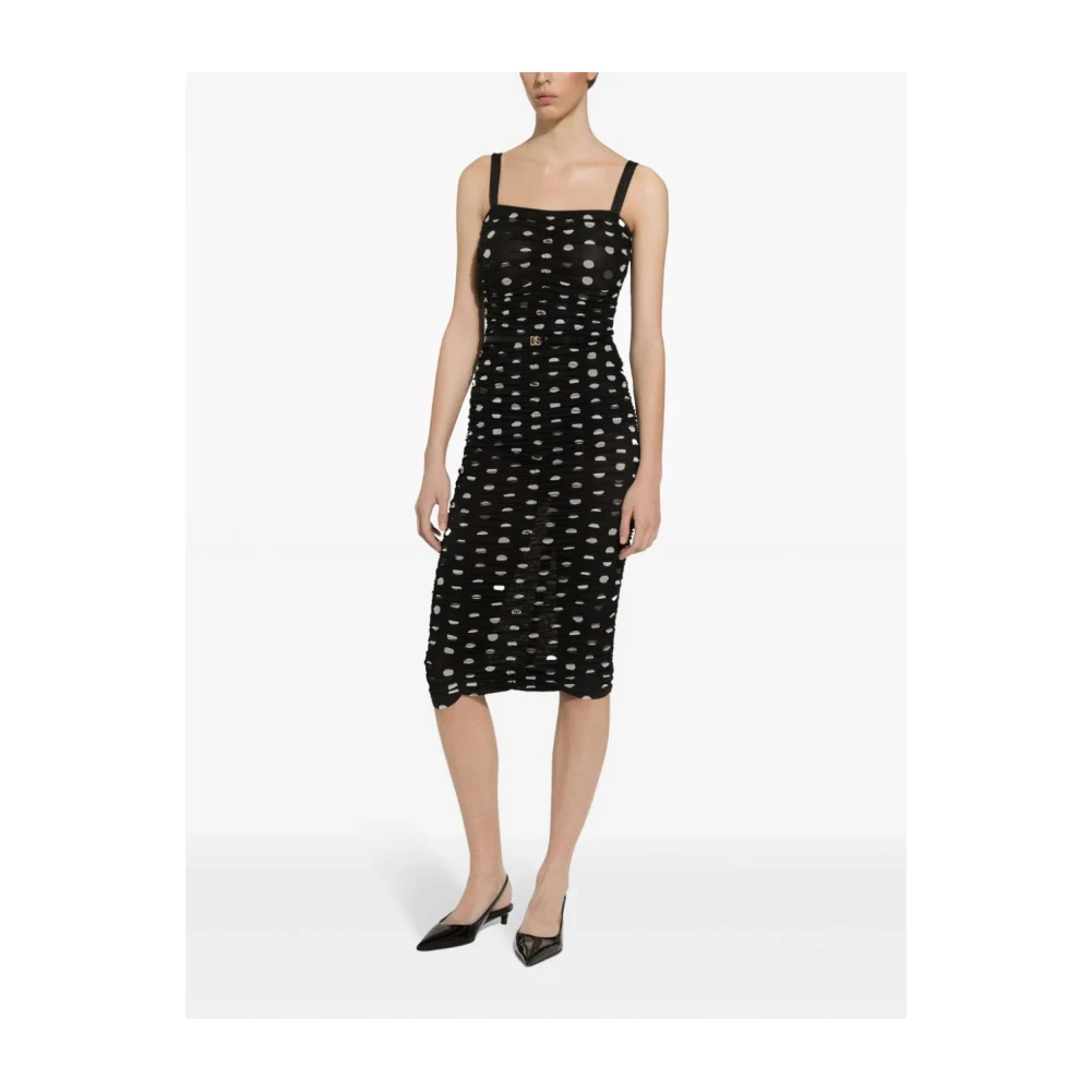 Dolce & Gabbana Polka-dot Midi Jurk met Tule Paneel Black Dames