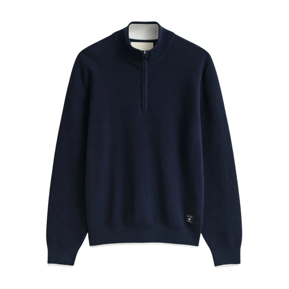 Gant Men's Blue Ribbed Cotton Half-Zip Jumper - Turtlenecks - 2XL - Knitwear