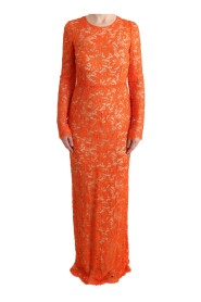 Orange Floral Ricamo Sheath Long Dress