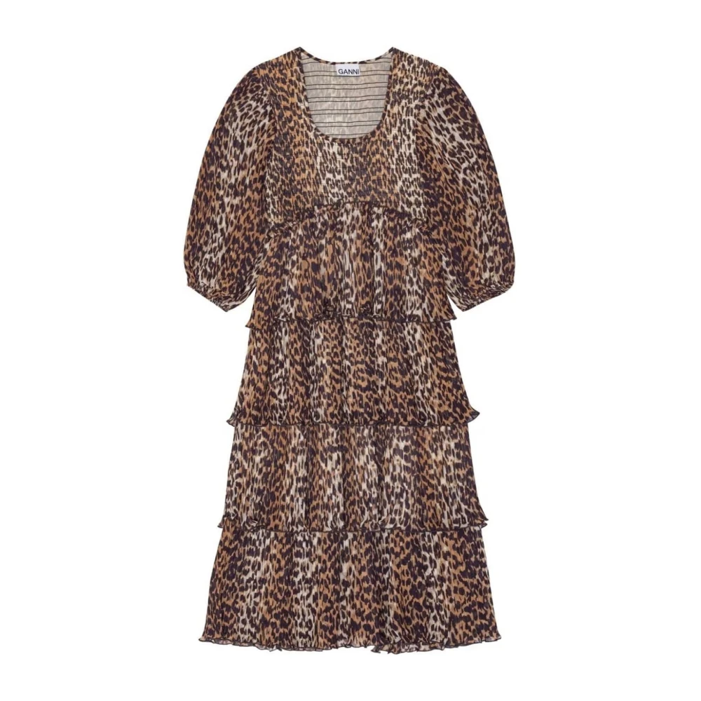 Ganni Luipaard Midi Jurk met Rouches Detail Brown Dames