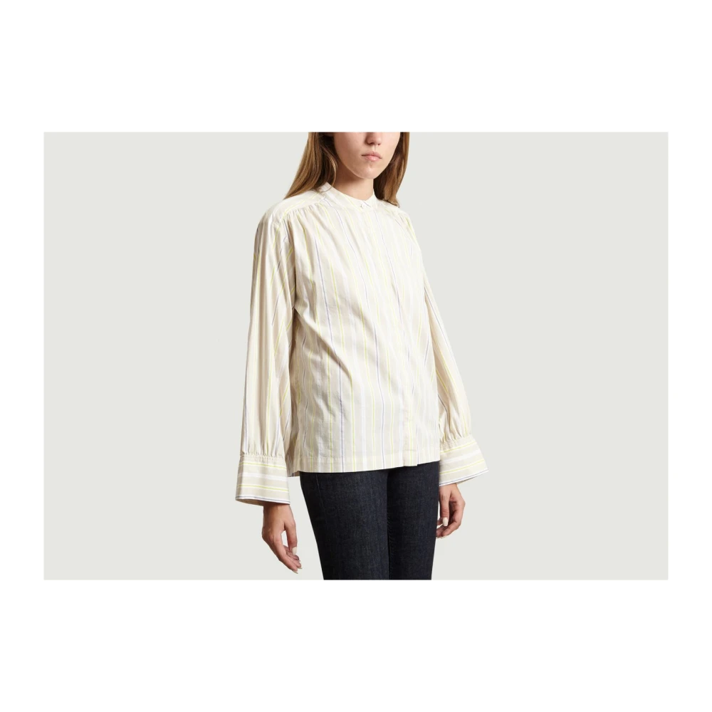 closed Pastel Streep Katoenen Blouse Beige Dames