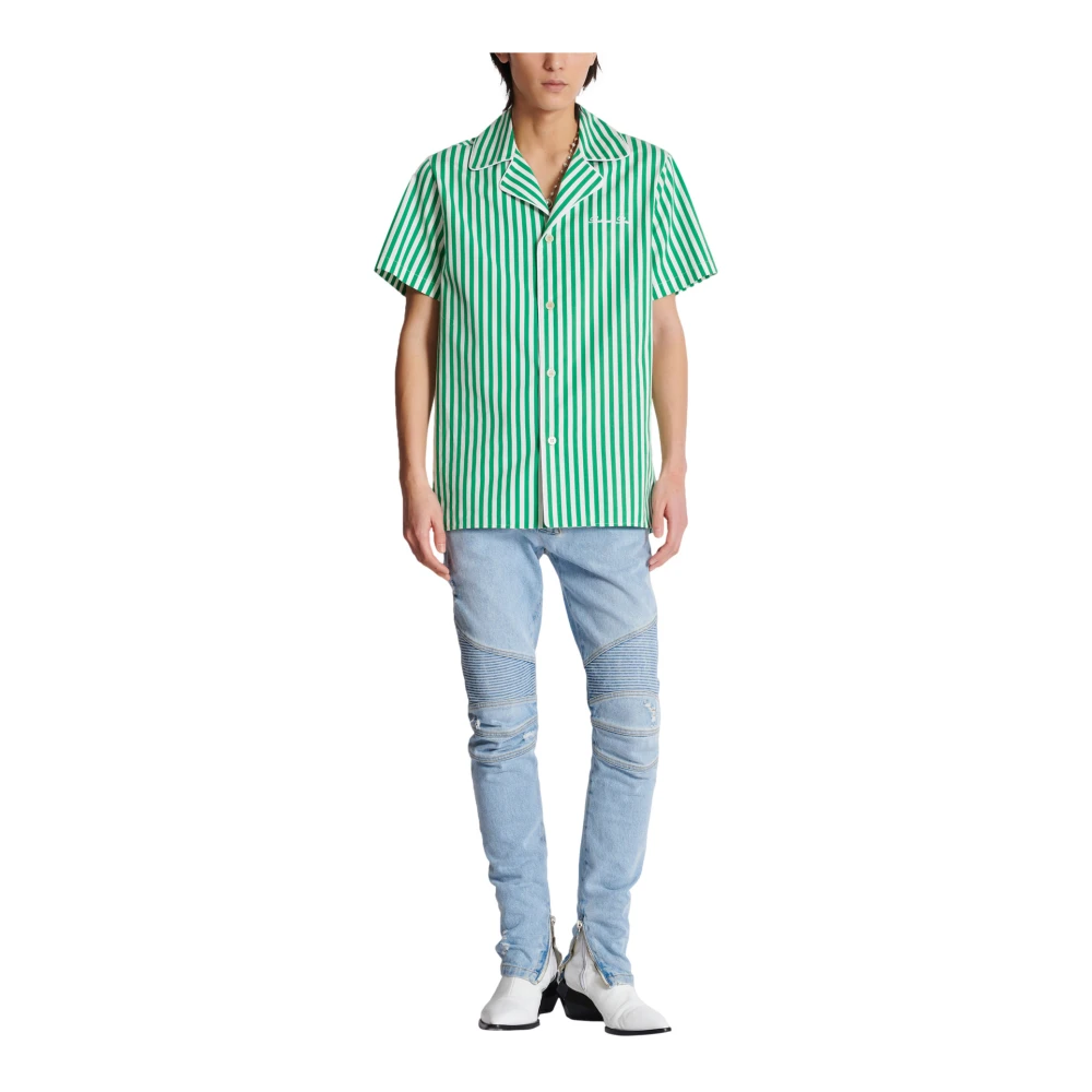 Balmain Kortemouw gestreepte katoenen pyjamashirt Green Heren
