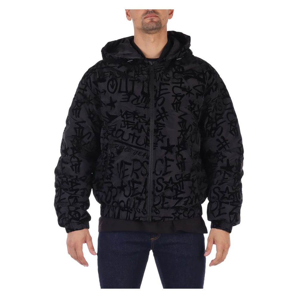 Versace Jeans Couture Hooded Velours Logo Print Pufferjas Black Heren