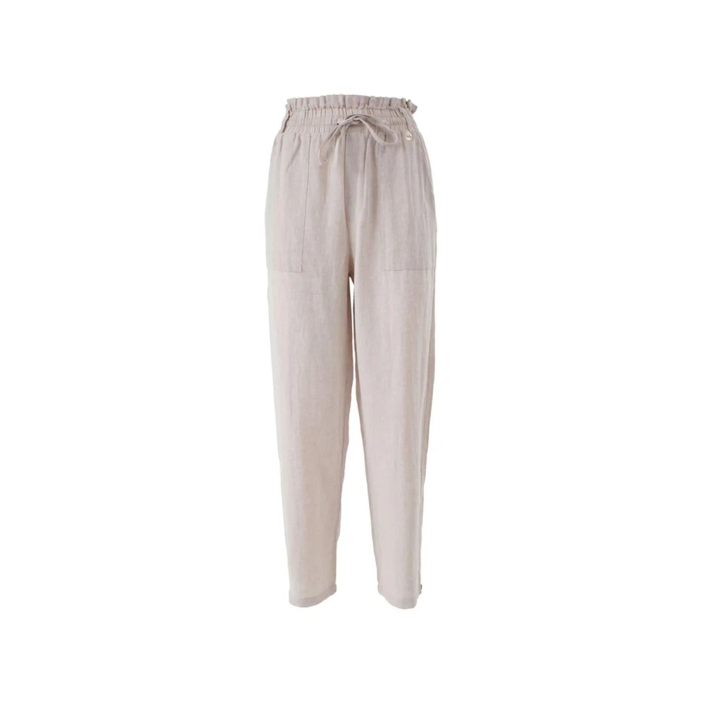 YES ZEE Beige Linnen Broek met Trekkoord Beige Dames