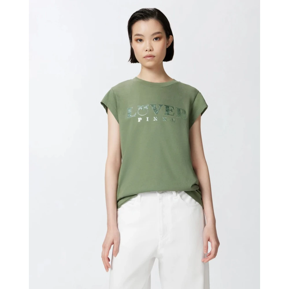 pinko Katoenen Jersey T-shirt met Lover Print Green Dames