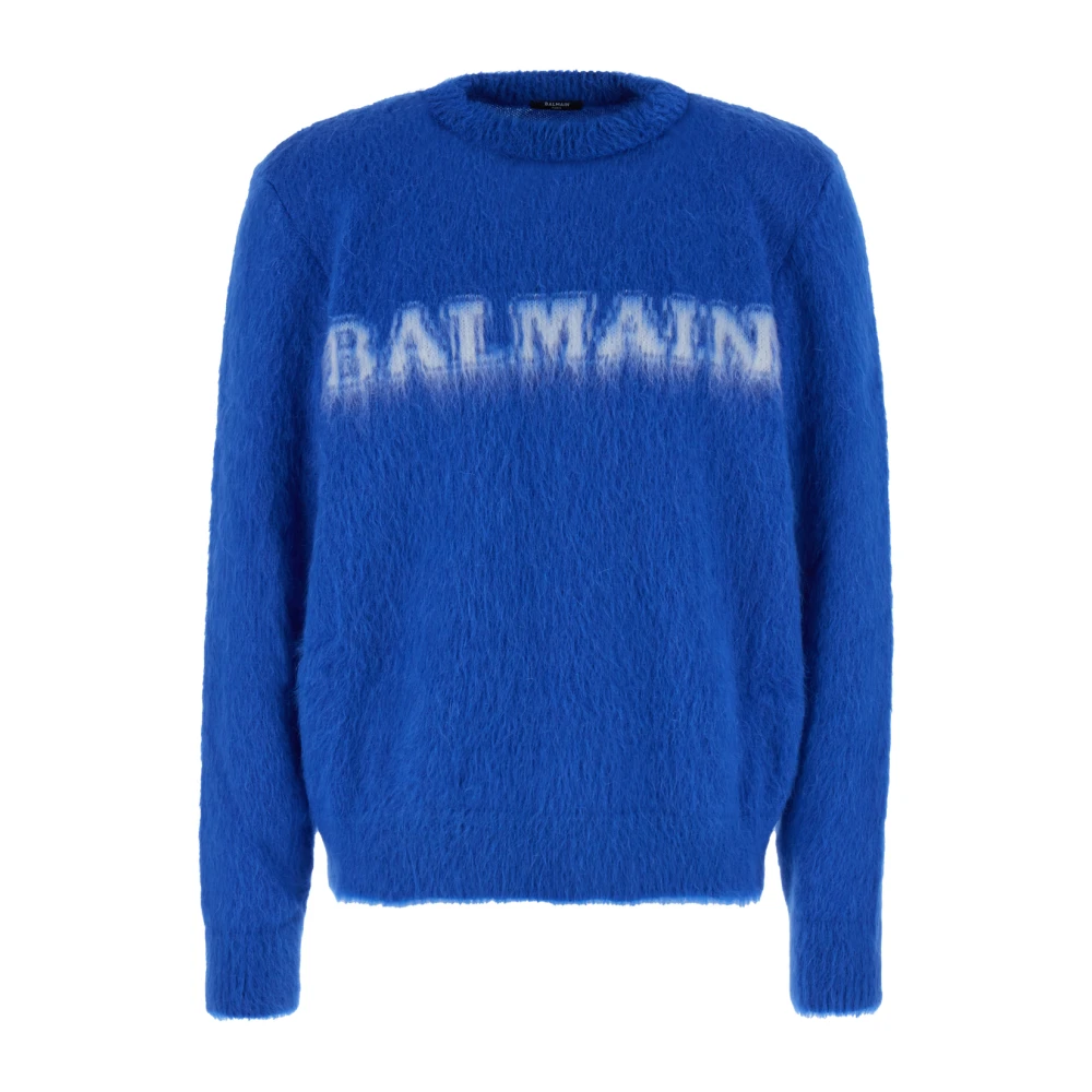 Balmain, Round-neck Knitwear, male, Blue, Size: L Round-neck Knitwear