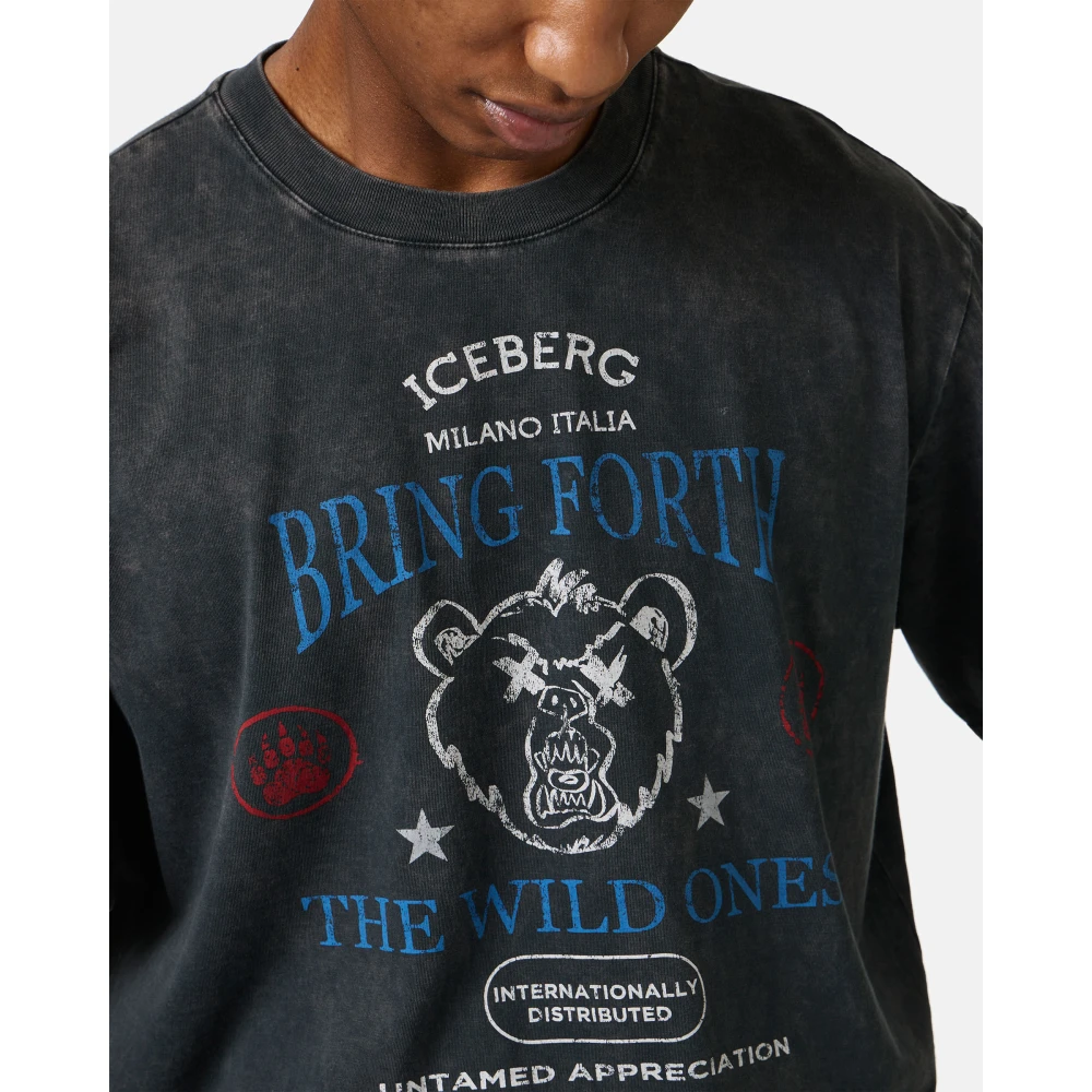 Iceberg Regular-fit Zwarte T-shirt in willekeurig gewassen geverfde katoen met maxi Bear print Black Heren
