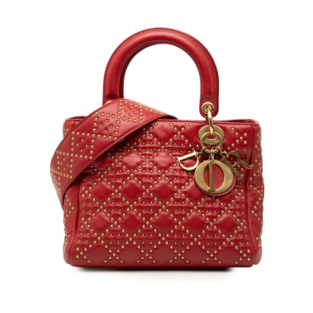 Dior Vintage Women's Red Pre-Owned Studded Cannage Leather Lady Dior Satchel