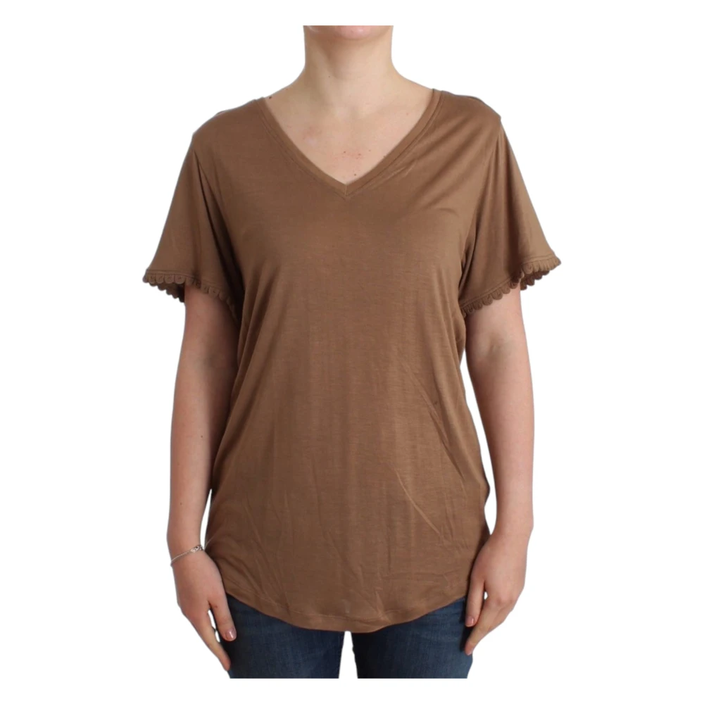 John Galliano Bruin Rayon Elegant Kortmouw Top Brown Dames