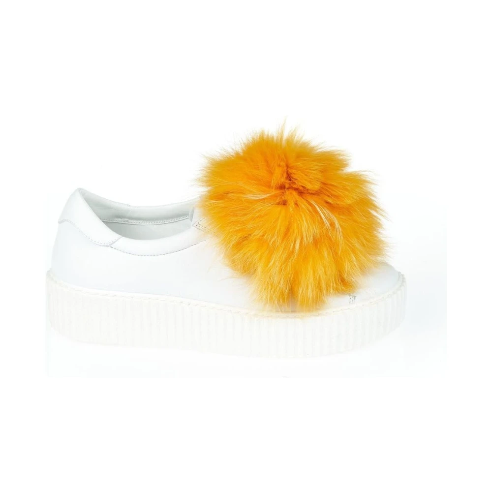 Mr&Mrs Italy Women's White Luxury Fur Pom Pom Sneakers