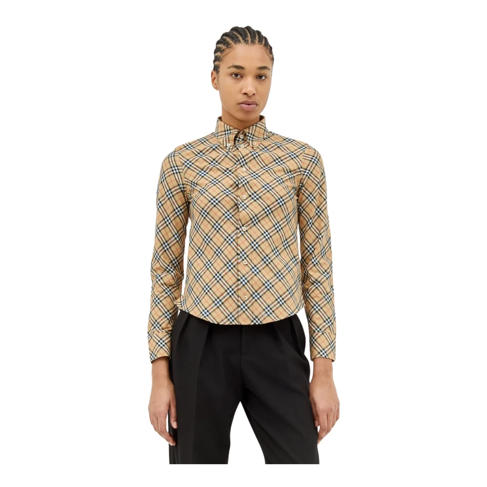 Burberry Klassieke Geruite Katoenen Overhemd Beige Dames