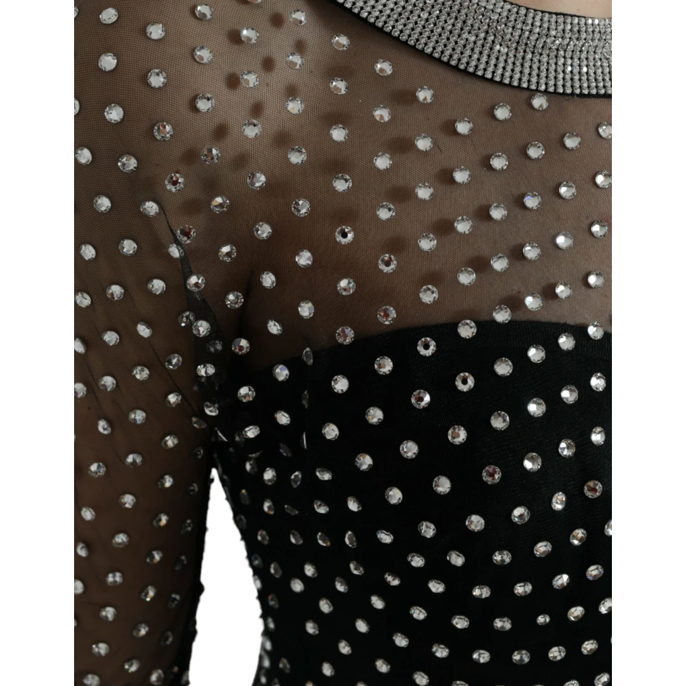 Dolce & Gabbana Elegante Zwarte Kristalversierde Lange Jurk Black Dames