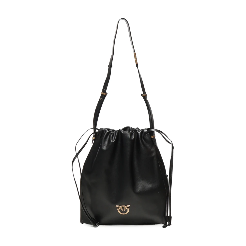 Pinko , Bucket Bags, Female, Black, One Size, Black Leather Drawstring Bag With Logo
