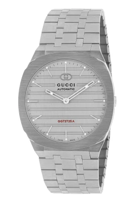 Uomo/Donna - YA163302 - 40mm 40 mm rostfritt stål flerlagerskåpa, tungt borstad grå urtavla med röd GG727.25.A kalibergravyr, armband i rostfritt stål med fem länkar