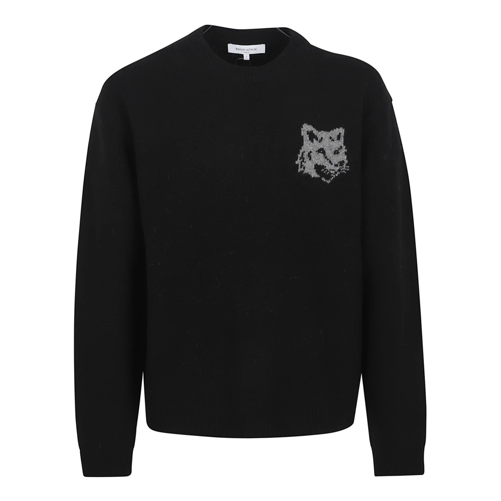 Maison Kitsuné Men's Black Round-Neck Knitwear, L, Fox Head Intarsia Merino Jumper