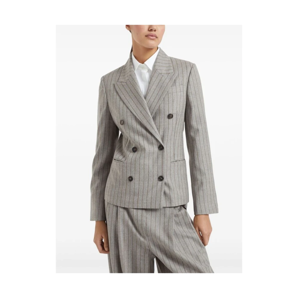 BRUNELLO CUCINELLI Taupe Wol Pinstripe Jas met Ketting Gray Dames