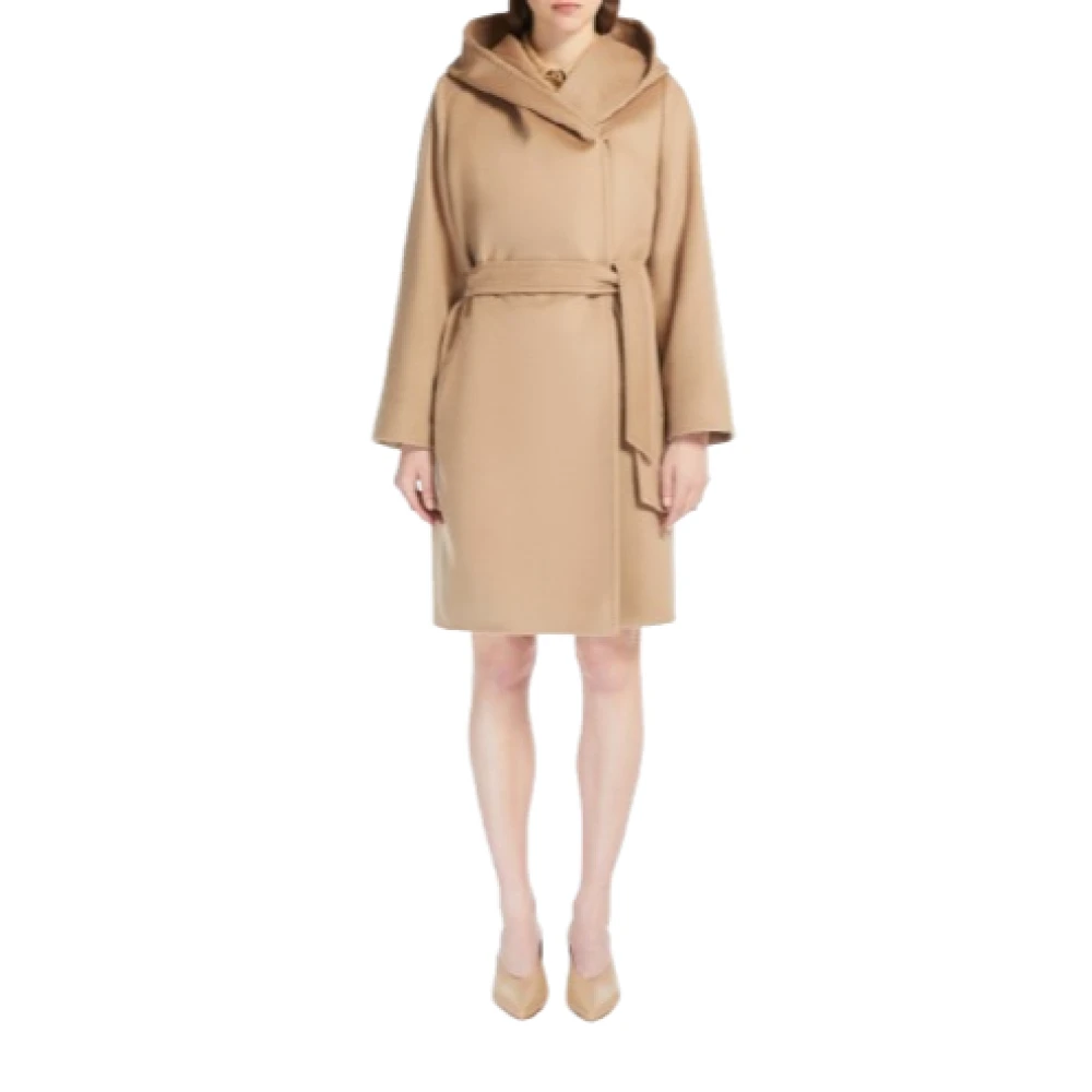 Max Mara Studio Korte Kamelenwollen Jas met Capuchon Brown Dames