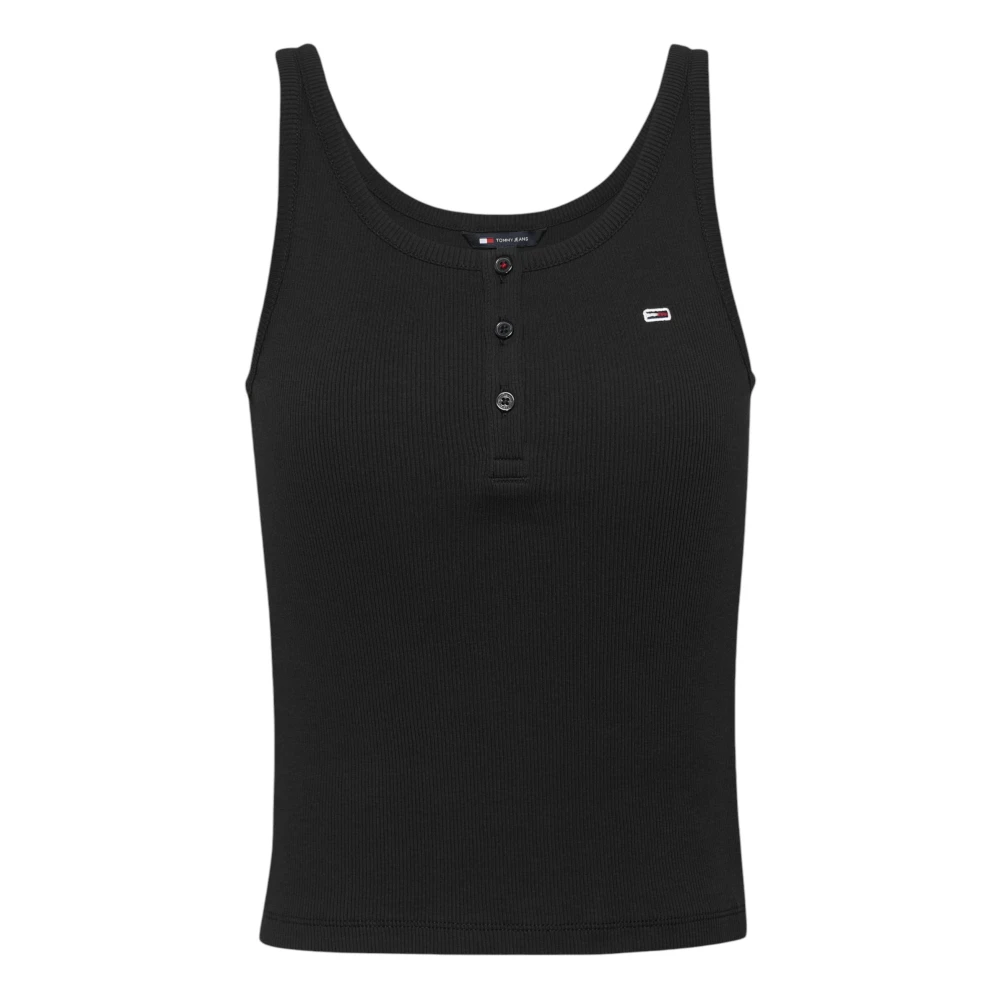 Tommy Jeans Zwarte Katoenen Knoop-Op Top met Ronde Hals Black Dames