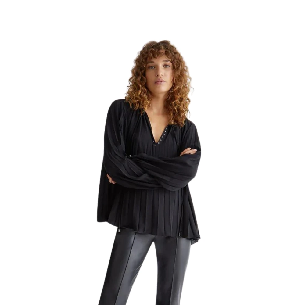 Liu Jo Women's Black Blouses, Xs, Studded Long Sleeve V-Neck Blouse