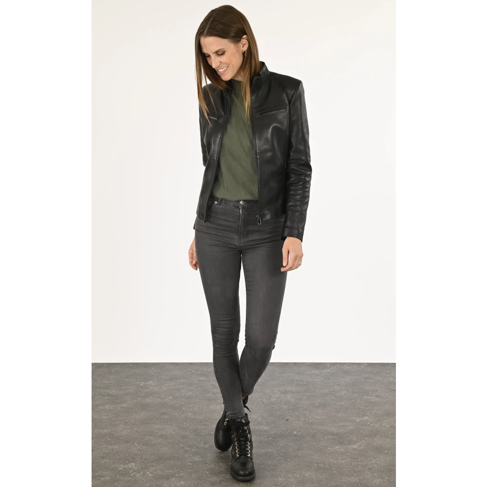 La Canadienne Zwarte lam lederen chique jas Black Dames