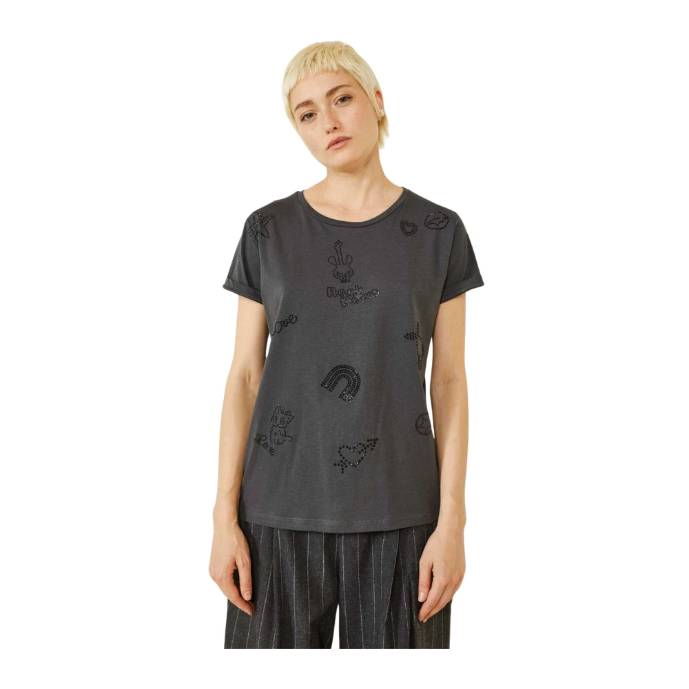 Souvenir Rock News Katoenen T-shirt met zwarte strass details Gray Dames