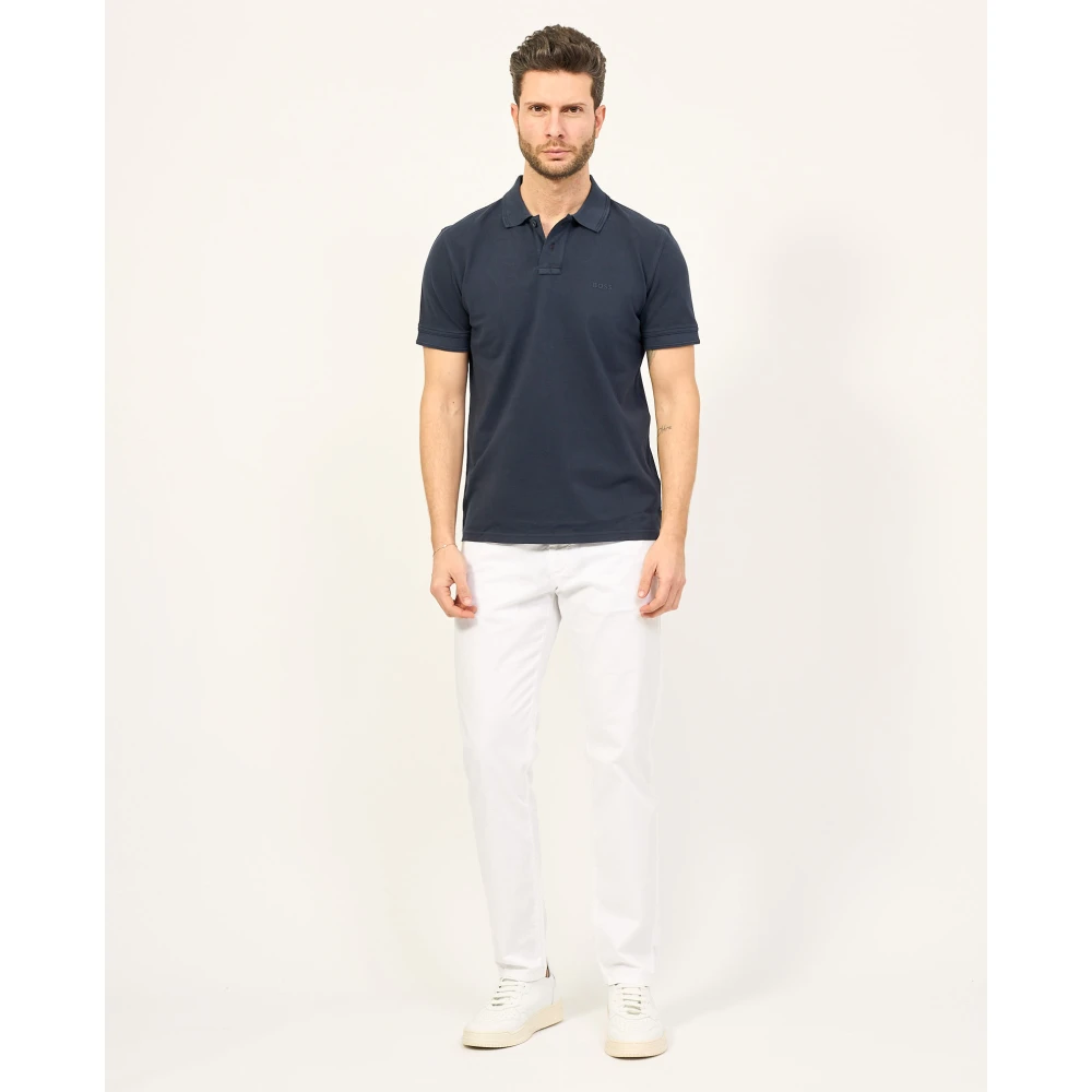 Boss Blauw Polo Shirt Piqué Logo Print Blue Heren