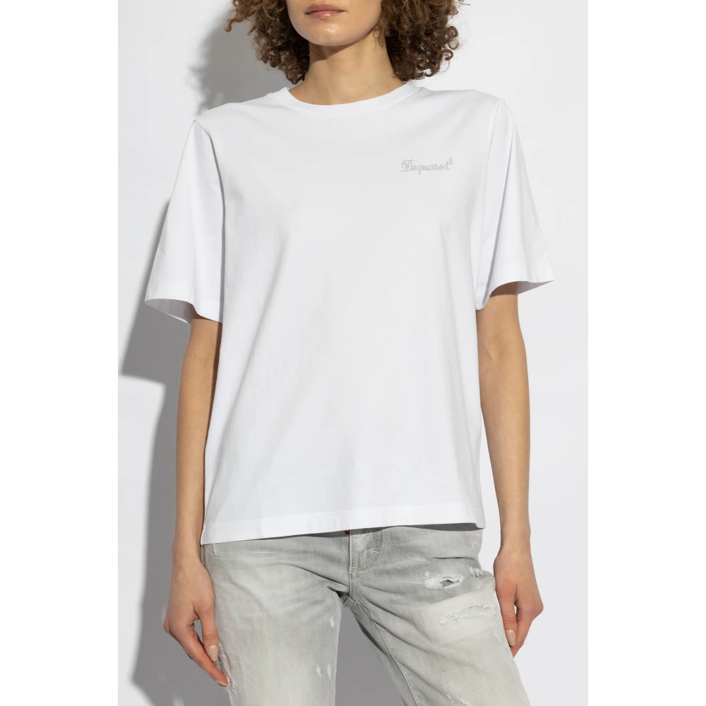 Dsquared2 T-shirt met logo afgewerkt met glinsterende applicaties White Dames