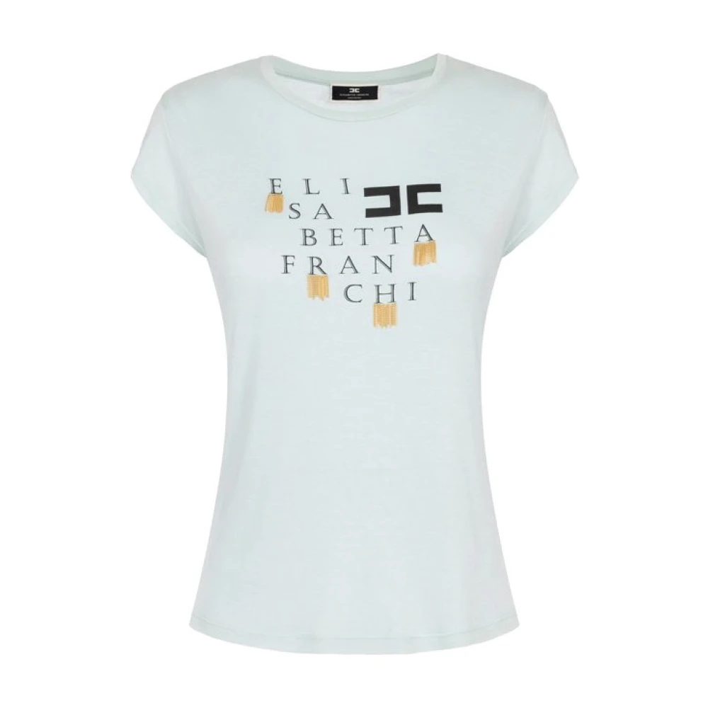 Elisabetta Franchi Aqua Logo en Fringe T-Shirt Blue Dames