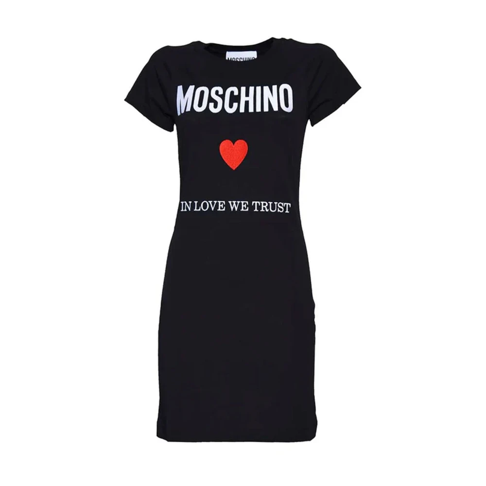 Moschino Zwart Katoenen Logo Geborduurde Jurk Black Dames