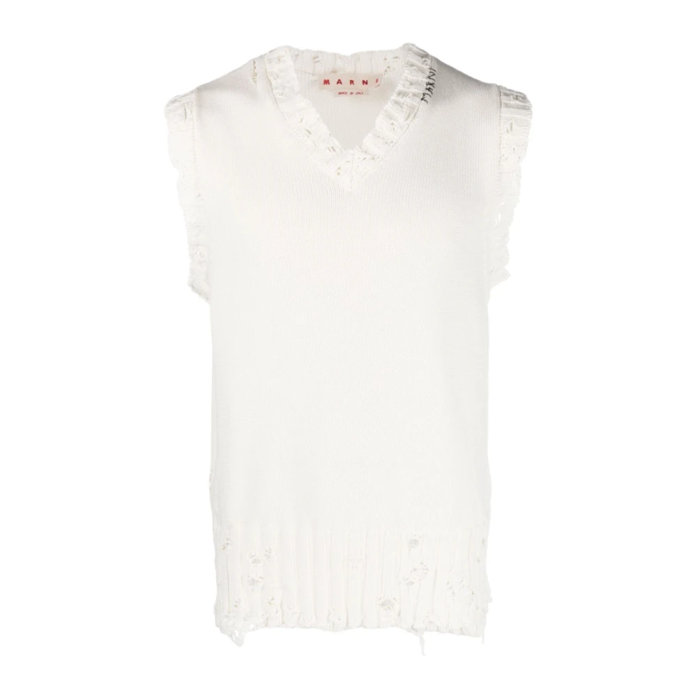 Marni Witte V-Hals Trui met Scheurdetails White Heren